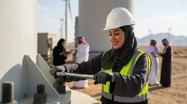 مهندسة سعودية ترتدي خوذة الأمان في محطة طاقة الرياح