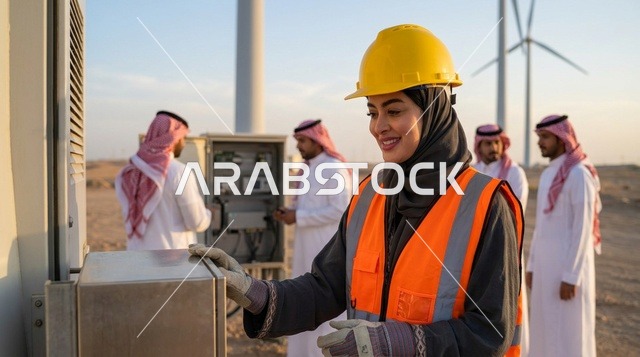 مهندسة سعودية ترتدي خوذة سلامة في محطة طاقة الرياح