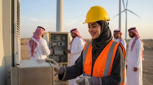 مهندسة سعودية ترتدي خوذة سلامة في محطة طاقة الرياح