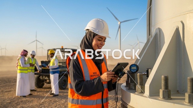 Saudi Female Engineer Inspecting Wind Turbine in Desert