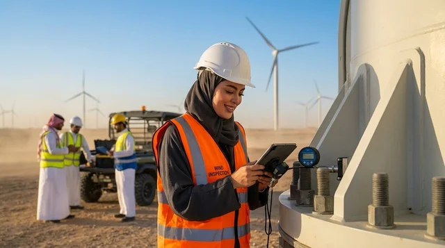 مهندسة سعودية تفحص توربينات الرياح في الصحراء