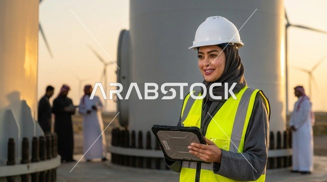 مهندسة سعودية في محطة طاقة الرياح وقت الغروب
