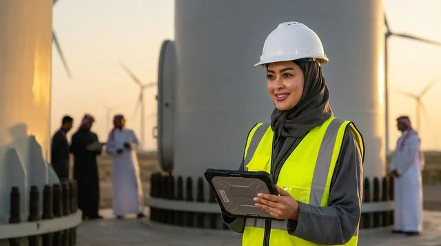 Saudi Female Engineer at Wind Turbine Farm