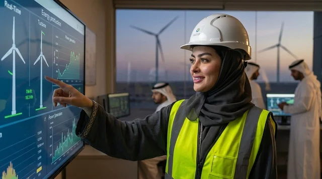 مهندسة إماراتية في غرفة تحكم طاقة الرياح النظيفة