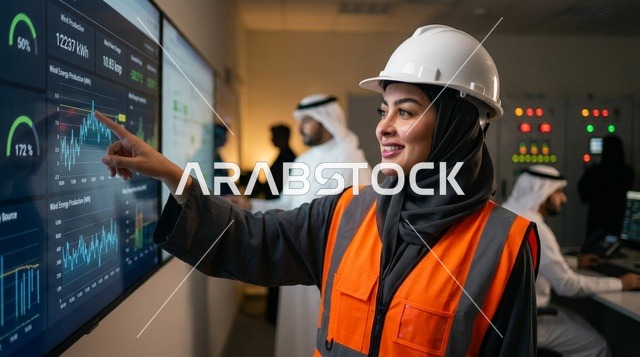 مهندسة عربية محجبة تحلل البيانات الرقمية في غرفة التحكم