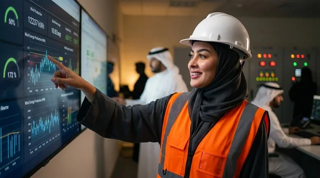 مهندسة عربية محجبة تحلل البيانات الرقمية في غرفة التحكم