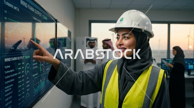 مهندسة سعودية ترتدي خوذة في غرفة تحكم الطاقة المتجددة