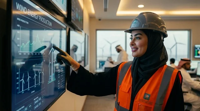 مهندسة سعودية في غرفة التحكم بإنتاج طاقة الرياح
