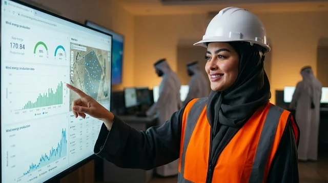Saudi Female Engineer Monitoring Wind Energy in Control Room