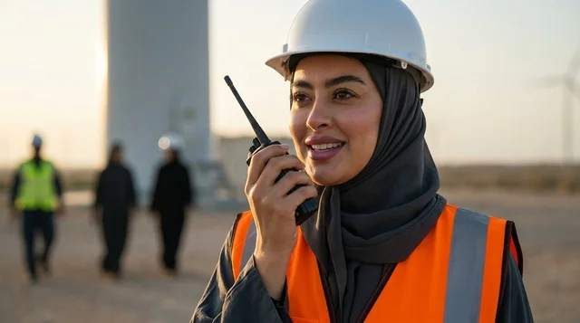 Saudi Female Engineer with Walkie Talkie at Wind Farm