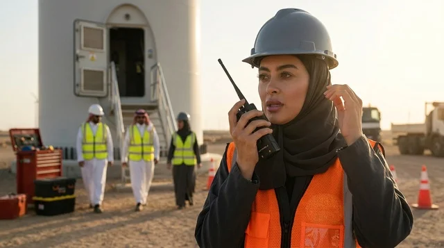 Saudi Female Engineer with Walkie-Talkie at Wind Farm