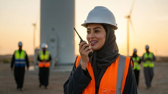 مهندسة سعودية تستخدم جهاز لاسلكي في موقع توربينات الرياح