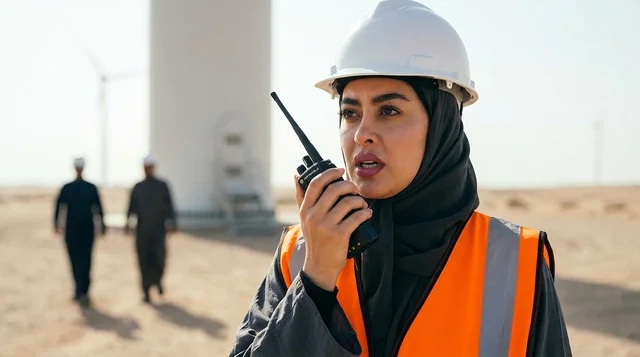مهندسة سعودية تعمل في موقع توربينات طاقة الرياح