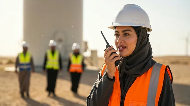 Saudi Female Engineer with Walkie-Talkie at Wind Farm