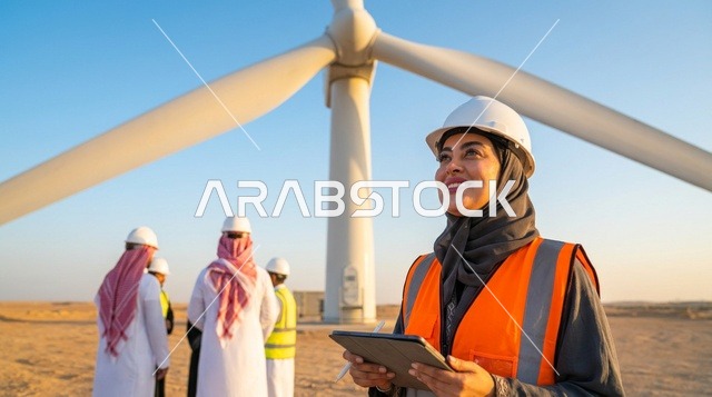 مهندسة سعودية تعمل في مشروع طاقة الرياح بالصحراء