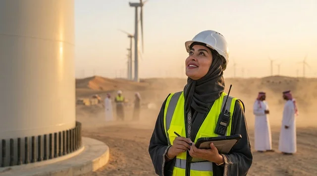 Saudi Female Engineer at Desert Wind Turbine Farm