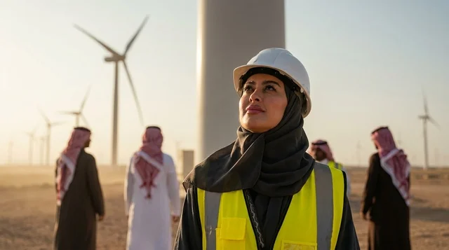 مهندسة سعودية في محطة توربينات طاقة الرياح بالصحراء