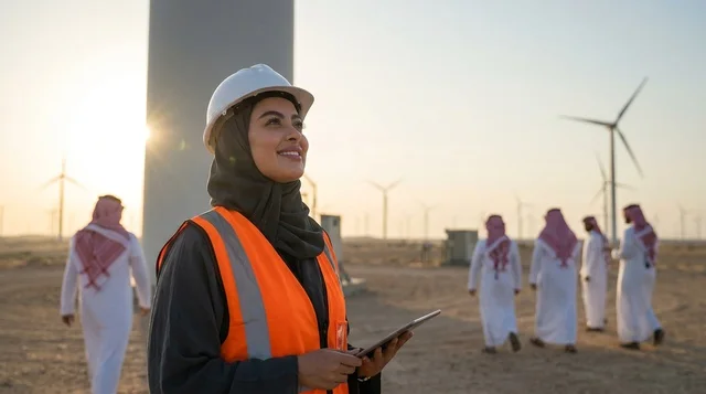مهندسة سعودية في محطة توليد طاقة الرياح بالصحراء