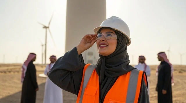 Saudi Female Engineer at Wind Turbine Farm