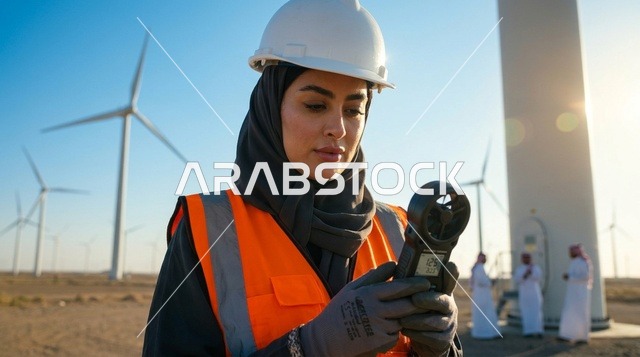 مهندسة سعودية تعمل في محطة طاقة الرياح المتجددة