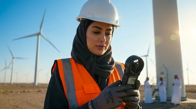 مهندسة سعودية تعمل في محطة طاقة الرياح المتجددة