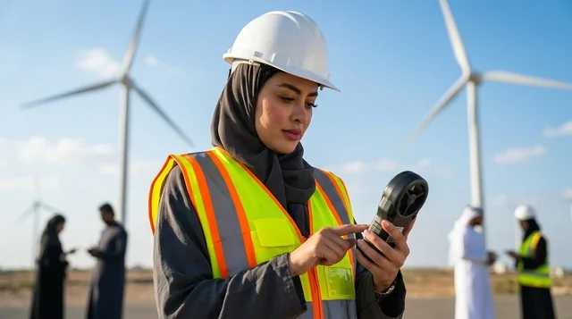 مهندسة سعودية تعمل في محطة طاقة الرياح المتجددة