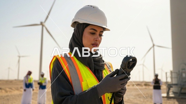 مهندسة سعودية بملابس السلامة في محطة طاقة الرياح