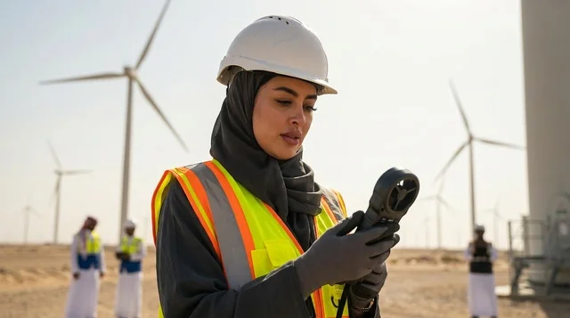 مهندسة سعودية بملابس السلامة في محطة طاقة الرياح