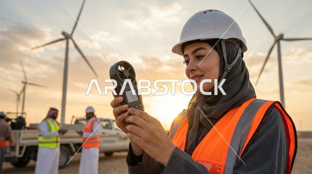 مهندسة سعودية في محطة توربينات الرياح وقت الغروب
