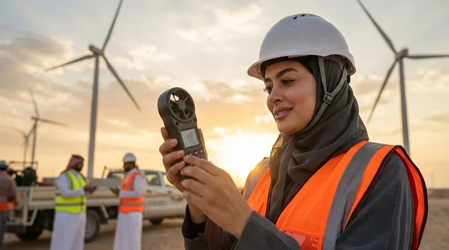 مهندسة سعودية في محطة توربينات الرياح وقت الغروب