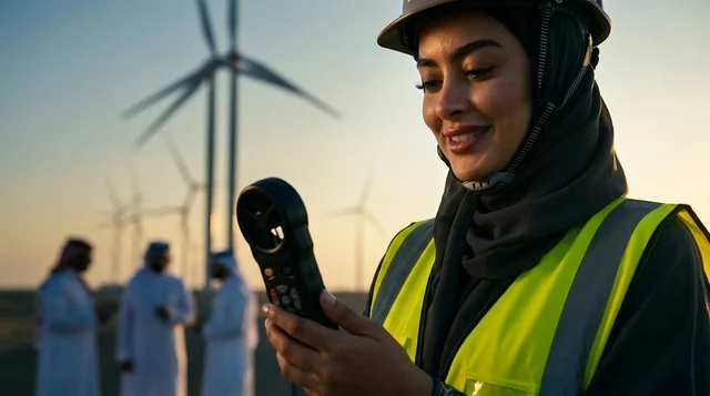 Saudi Female Engineer at Wind Farm with Turbines