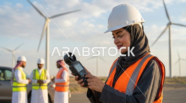 مهندسة سعودية تقيس سرعة الرياح في محطة توربينات
