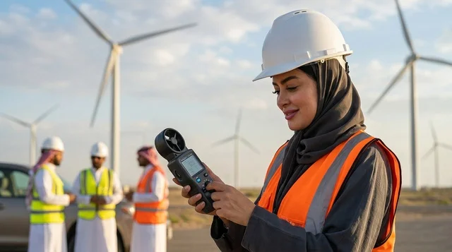 مهندسة سعودية تقيس سرعة الرياح في محطة توربينات
