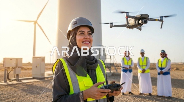 مهندسة سعودية تتحكم بطائرة درون في محطة طاقة الرياح