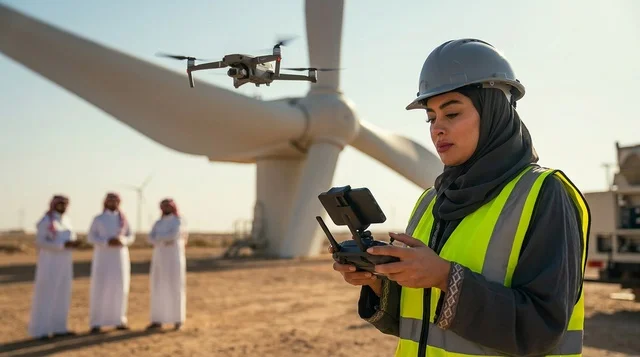 مهندسة سعودية تشغل طائرة درون في محطة طاقة رياح