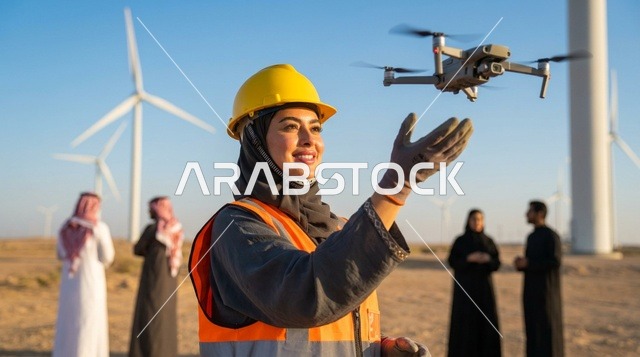 مهندسة سعودية تشغل طائرة درون في محطة طاقة الرياح