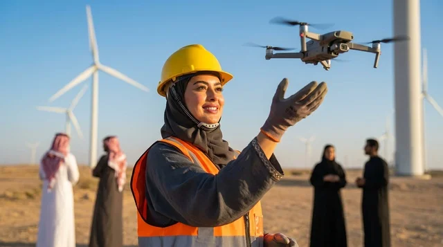 Saudi Female Engineer Operating Drone at Wind Farm