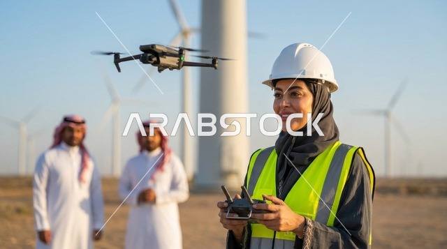 Saudi Female Engineer Operating Drone at Wind Turbine Farm
