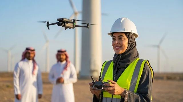 مهندسة سعودية تشغل طائرة درون في محطة طاقة الرياح