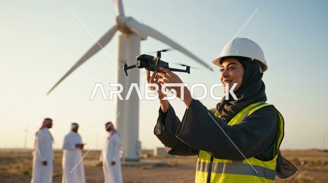 مهندسة سعودية مع طائرة درون في محطة طاقة الرياح