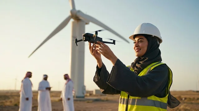 Saudi Female Engineer with Drone at Wind Turbine Farm