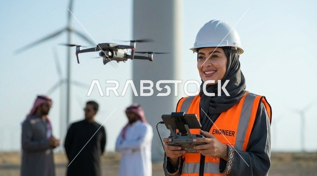Saudi Female Engineer Operating Drone at Wind Farm
