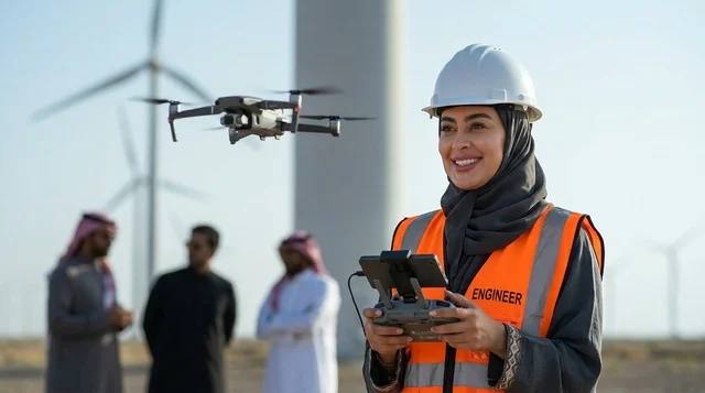 مهندسة سعودية تتحكم بطائرة درون في محطة طاقة الرياح