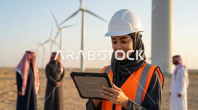مهندسة سعودية في محطة توليد طاقة الرياح مع جهاز لوحي