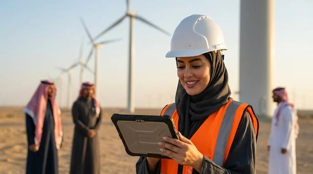 Saudi Female Engineer at Wind Turbine Farm with Tablet