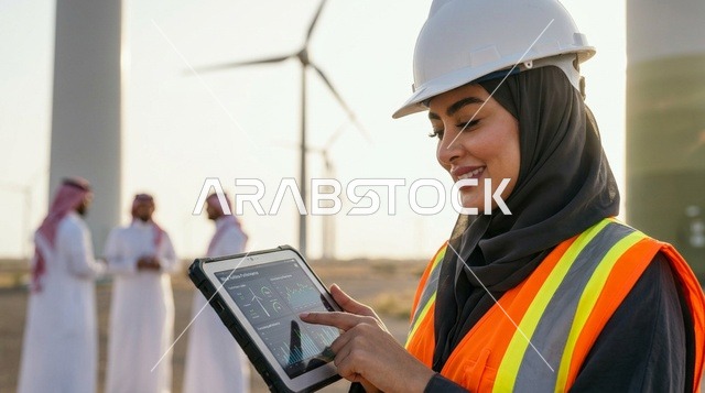 Saudi Female Engineer Operating Tablet at Wind Farm