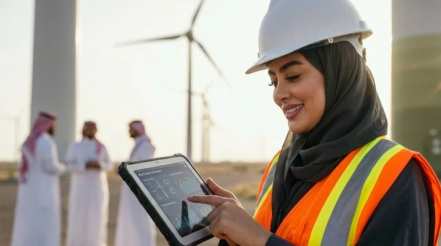مهندسة سعودية تستخدم جهازا لوحيا في محطة طاقة الرياح