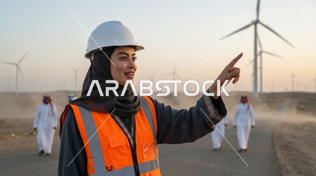 مهندسة سعودية تشير إلى توربينات طاقة الرياح بالصحراء