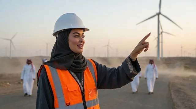 Saudi Female Engineer pointing at Desert Wind Farm
