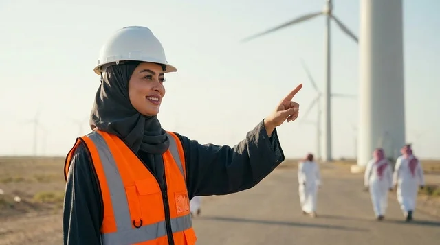 Saudi Female Engineer at Renewable Wind Turbine Farm
